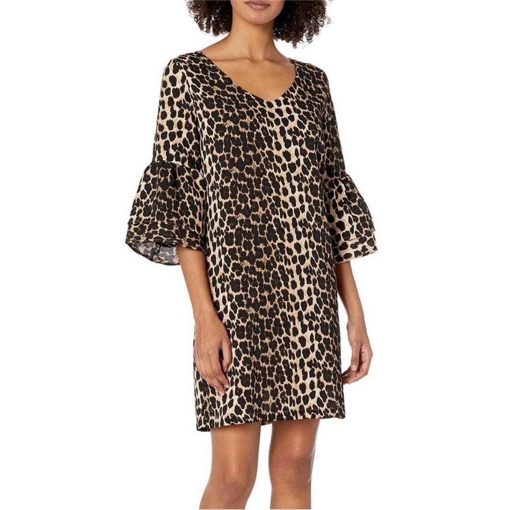 BELONGSCI Leopard Print V-Neck Shift Mini Dress with Bell Sleeve XXL Party Work